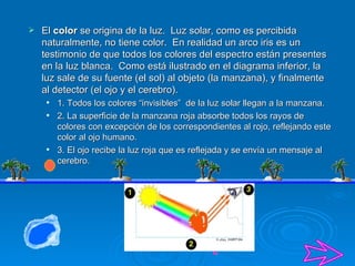    El color se origina de la luz. Luz solar, como es percibida
    naturalmente, no tiene color. En realidad un arco iris es un
    testimonio de que todos los colores del espectro están presentes
    en la luz blanca. Como está ilustrado en el diagrama inferior, la
    luz sale de su fuente (el sol) al objeto (la manzana), y finalmente
    al detector (el ojo y el cerebro).
        1. Todos los colores “invisibles” de la luz solar llegan a la manzana.
        2. La superficie de la manzana roja absorbe todos los rayos de
         colores con excepción de los correspondientes al rojo, reflejando este
         color al ojo humano.
        3. El ojo recibe la luz roja que es reflejada y se envía un mensaje al
         cerebro.
 
