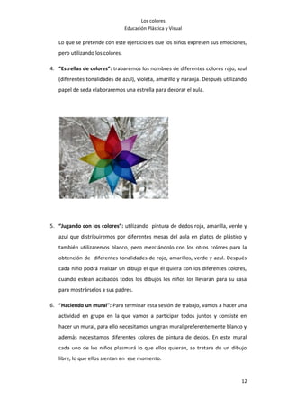 Los colores
                                  Educación Plástica y Visual

   Lo que se pretende con este ejercicio es que los niños expresen sus emociones,
   pero utilizando los colores.

4. “Estrellas de colores”: trabaremos los nombres de diferentes colores rojo, azul
   (diferentes tonalidades de azul), violeta, amarillo y naranja. Después utilizando
   papel de seda elaboraremos una estrella para decorar el aula.




5. “Jugando con los colores”: utilizando pintura de dedos roja, amarilla, verde y
   azul que distribuiremos por diferentes mesas del aula en platos de plástico y
   también utilizaremos blanco, pero mezclándolo con los otros colores para la
   obtención de diferentes tonalidades de rojo, amarillos, verde y azul. Después
   cada niño podrá realizar un dibujo el que él quiera con los diferentes colores,
   cuando estean acabados todos los dibujos los niños los llevaran para su casa
   para mostrárselos a sus padres.

6. “Haciendo un mural”: Para terminar esta sesión de trabajo, vamos a hacer una
   actividad en grupo en la que vamos a participar todos juntos y consiste en
   hacer un mural, para ello necesitamos un gran mural preferentemente blanco y
   además necesitamos diferentes colores de pintura de dedos. En este mural
   cada uno de los niños plasmará lo que ellos quieran, se tratara de un dibujo
   libre, lo que ellos sientan en ese momento.


                                                                                 12
 