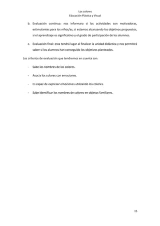 Los colores
                                    Educación Plástica y Visual

   b. Evaluación continua: nos informara si las actividades son motivadoras,
       estimulantes para los niños/as; si estamos alcanzando los objetivos propuestos,
       si el aprendizaje es significativo y el grado de participación de los alumnos.

   c. Evaluación final: esta tendrá lugar al finalizar la unidad didáctica y nos permitirá
       saber si los alumnos han conseguido los objetivos planteados.

Los criterios de evaluación que tendremos en cuenta son:

   -   Sabe los nombres de los colores.

   -   Asocia los colores con emociones.

   -   Es capaz de expresar emociones utilizando los colores.

   -   Sabe identificar los nombres de colores en objetos familiares.




                                                                                        15
 
