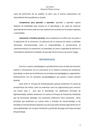 Los colores
                                    Educación Plástica y Visual

parte del patrimonio de los pueblos. Es decir, que el alumno experimente con
diversidad de técnicas plásticas y visuales.

       Competencia para aprender a aprender: aprender a aprender supone
disponer de habilidades para iniciarse en el aprendizaje y ser capaz de continuar
aprendiendo de manera cada vez más autónoma de acuerdo con los propios objetivos
y necesidades.

       Autonomía e iniciativa personal: esta competencia se refiere por una parte a
la adquisición de la conciencia y la aplicación de un conjunto de valores y actitudes
personales interrelacionadas como la responsabilidad, la perseverancia, el
autoconocimiento y la autoestima, la creatividad, así como a capacidad de demorar la
necesidad de satisfacción inmediata, de aprender de los errores y de asumir riesgos.


                                  METODOLOGÍA


       En torno a nuestra metodología la cual definiremos como el estilo de transmitir,
impartir e interaccionar con los alumnos/as en lo relativo al proceso de enseñanza-
aprendizaje, es decir que la dividiremos en principios psicopedagógicos y organizativos.
Comenzaremos con los principios psicopedagógicos que guiarán nuestra práctica
docente.
       Estos serán el Principio de Individualización (porque tendremos en cuenta las
características del niño/a, tanto las evolutivas como las cognoscitivas) para construir
una buena base y         para que el aprendizaje sea significativo (Principio de
Significatividad), también tendremos en cuenta el Principio de Autonomía facilitando
que los alumnos/as obtengan una autonomía intelectual, física, emocional... Otros
principios que tendremos en cuenta serán o Principio de Constructividad, el de
Actividad y el de Socialización dejando muy claro que todos tendrán lugar dentro de un
marco globalizador con una gran motivación y partiendo del juego como base principal
del aprendizaje.




                                                                                       6
 