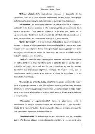 Los colores
                                    Educación Plástica y Visual

       “Enfoque globalizador”: Pretendemos estimular el desarrollo de las
capacidades tanto físicas como afectivas, intelectuales, sociales de una forma global.
Globalizamos las tres áreas y las tratamos desde un punto de vista globalizador.
       “La actividad”: los niños/niñas aprenden a través de la acción. A través de la
realización de los diversos ejercicios el niño va construyendo sus conocimiento de de
manera progresiva. Éstos realizan diferentes actividades por medio de la
experimentación y también de la observación. La actividad está relacionada con la
teoría constructivista y por supuesto con la teoría de la nueva escuela.
       “Centro de interés”: todo el aprendizaje está basado en buscar el interés delos
alumnos por lo que el objetivo principal de esta unidad didáctica es que este niños
trabajen todos los contenidos de una forma globalizada, es decir, percibir todo como
un conjunto sin diferenciar partes. La clave radica en realizar actividades que los
motiven y no recaer en la monotonía.
        “Lúdica”: a través del juego los niños/niñas aprenden a entender el mundo que
los rodea, también es muy importante para el contacto con sus iguales. Con la
utilización del juego dentro del aula lo que conseguimos es que los alumnos
desarrollen sus capacidades cognitivas, motrices, de relación social, que se
transformaran posteriormente y se adaptan al ritmo de aprendizaje y a sus
necesidades madurativas.

       “Interacción con el medio físico y social”: la interacción con el medio físico y
social lo que provoca es que el niño interactúe con el medio que le rodea y así puede
construir por sí mismo sus propios conocimientos. La interacción con el medio físico y
social se encuentra relacionado con la teoría constructivista activismo y también con
la ecoformadora.

       “Observación     y   experimentación”:       tanto    la   observación   como   la
experimentación son dos principios básicos para el aprendizaje. El niño aprende a
través de la experimentación y de la observación estos dos principios se encuentra
relacionados con el principio de individualización.

       “Individualización”: la individualización está relacionada con los contenidos
que el niño debe de adquirir en esta etapa para aprenderse a conocer como sujeto

                                                                                       7
 