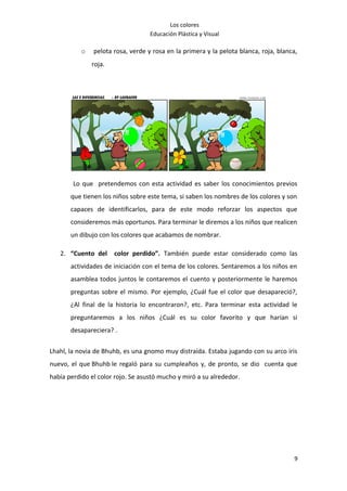 Los colores
                                   Educación Plástica y Visual

           o   pelota rosa, verde y rosa en la primera y la pelota blanca, roja, blanca,
               roja.




        Lo que pretendemos con esta actividad es saber los conocimientos previos
       que tienen los niños sobre este tema, si saben los nombres de los colores y son
       capaces de identificarlos, para de este modo reforzar los aspectos que
       consideremos más oportunos. Para terminar le diremos a los niños que realicen
       un dibujo con los colores que acabamos de nombrar.

   2. “Cuento del      color perdido”. También puede estar considerado como las
       actividades de iniciación con el tema de los colores. Sentaremos a los niños en
       asamblea todos juntos le contaremos el cuento y posteriormente le haremos
       preguntas sobre el mismo. Por ejemplo, ¿Cuál fue el color que desapareció?,
       ¿Al final de la historia lo encontraron?, etc. Para terminar esta actividad le
       preguntaremos a los niños ¿Cuál es su color favorito y que harían si
       desapareciera? .


Lhahl, la novia de Bhuhb, es una gnomo muy distraída. Estaba jugando con su arco iris
nuevo, el que Bhuhb le regaló para su cumpleaños y, de pronto, se dio cuenta que
había perdido el color rojo. Se asustó mucho y miró a su alrededor.




                                                                                       9
 