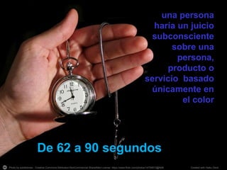 Photo by solofotones - Creative Commons Attribution-NonCommercial-ShareAlike License https://www.flickr.com/photos/14754973@N08 Created with Haiku Deck
una persona
haría un juicio
subconsciente
sobre una
persona,
producto o
servicio basado
únicamente en
el color
De 62 a 90 segundos
 