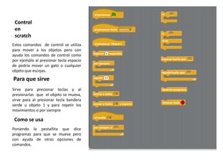 Control
 en
 scratch
Estos comandos de control se utiliza
para mover a los objetos pero con
ayuda los comandos de control como
por ejemplo al presionar tecla espacio
de podría mover un gato o cualquier
objeto que escojas.

Para que sirve
Sirve para presionar teclas y al
presionarlas que el objeto se mueva,
sirve para al presionar tecla bandera
verde u objeto 1 y para repetir los
movimientos o por siempre

 Como se usa
Poniendo la pestañita que dice
programas para que se mueva pero
con ayuda de otras opciones de
comandos.
 