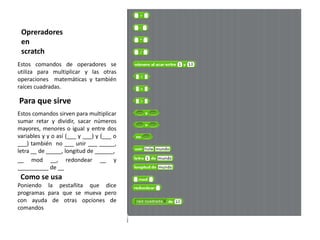 Opreradores
 en
 scratch
Estos comandos de operadores se
utiliza para multiplicar y las otras
operaciones matemáticas y también
raíces cuadradas.

Para que sirve
Estos comandos sirven para multiplicar
sumar retar y dividir, sacar números
mayores, menores o igual y entre dos
variables y y o así (___ y ___) y (___ o
___) también no ___ unir ___ _____,
letra __ de _____, longitud de ______,
__ mod __, redondear __ y
__________ de __
 Como se usa
Poniendo la pestañita que dice
programas para que se mueva pero
con ayuda de otras opciones de
comandos
 