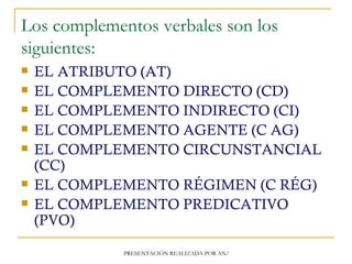 Los complementos verbales son los
siguientes:
   EL ATRIBUTO (AT)
   EL COMPLEMENTO DIRECTO (CD)
   EL COMPLEMENTO INDI...