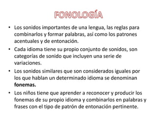 • Los sonidos importantes de una lengua, las reglas para
combinarlos y formar palabras, así como los patrones
acentuales y de entonación.
• Cada idioma tiene su propio conjunto de sonidos, son
categorías de sonido que incluyen una serie de
variaciones.
• Los sonidos similares que son considerados iguales por
los que hablan un determinado idioma se denominan
fonemas.
• Los niños tiene que aprender a reconocer y producir los
fonemas de su propio idioma y combinarlos en palabras y
frases con el tipo de patrón de entonación pertinente.
 