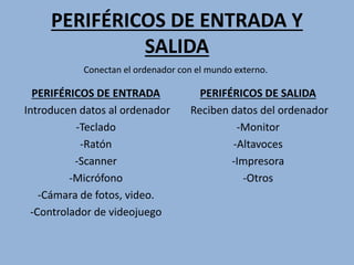 PERIFÉRICOS DE ENTRADA Y
SALIDA
Conectan el ordenador con el mundo externo.
PERIFÉRICOS DE ENTRADA
Introducen datos al ordenador
-Teclado
-Ratón
-Scanner
-Micrófono
-Cámara de fotos, video.
-Controlador de videojuego
PERIFÉRICOS DE SALIDA
Reciben datos del ordenador
-Monitor
-Altavoces
-Impresora
-Otros
 