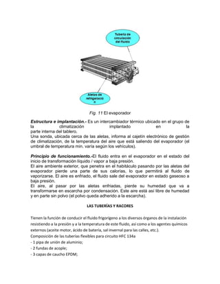 Fig. 11 El evaporador
Estructura e implantación.- Es un intercambiador térmico ubicado en el grupo de
la             climatización            implantado              en              la
parte interna del tablero.
Una sonda, ubicada cerca de las aletas, informa al cajetín electrónico de gestión
de climatización, de la temperatura del aire que está saliendo del evaporador (el
umbral de temperatura min. varía según los vehículos).

Principio de funcionamiento.-El fluido entra en el evaporador en el estado del
inicio de transformación líquido / vapor a baja presión.
El aire ambiente exterior, que penetra en el habitáculo pasando por las aletas del
evaporador pierde una parte de sus calorías, lo que permitirá al fluido de
vaporizarse. El aire es enfriado, el fluido sale del evaporador en estado gaseoso a
baja presión.
El aire, al pasar por las aletas enfriadas, pierde su humedad que va a
transformarse en escarcha por condensación. Este aire está así libre de humedad
y en parte sin polvo (el polvo queda adherido a la escarcha).

                                 LAS TUBERÍAS Y RACORES

Tienen la función de conducir el fluido frigorígeno a los diversos órganos de la instalación
resistiendo a la presión y a la temperatura de este fluido, así como a los agentes químicos
externos (aceite motor, ácido de batería, sal invernal para las calles, etc.).
Composición de las tuberías flexibles para circuito HFC 134a
- 1 pipa de unión de aluminio;
- 2 fundas de acople;
- 3 capas de caucho EPDM;
 