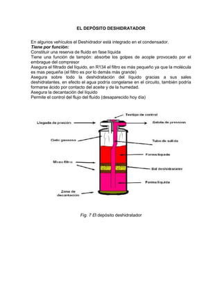 EL DEPÓSITO DESHIDRATADOR


En algunos vehículos el Deshidrador está integrado en el condensador.
Tiene por función:
Constituir una reserva de fluido en fase líquida
Tiene una función de tampón: absorbe los golpes de acople provocado por el
embrague del compresor
Asegura el filtrado del líquido, en R134 el filtro es más pequeño ya que la molécula
es mas pequeña (el filtro es por lo demás más grande)
Asegura sobre todo la deshidratación del líquido gracias a sus sales
deshidratantes, en efecto el agua podría congelarse en el circuito, también podría
formarse ácido por contacto del aceite y de la humedad.
Asegura la decantación del líquido
Permite el control del flujo del fluído (desaparecido hoy día)




                         Fig. 7 El depósito deshidratador
 