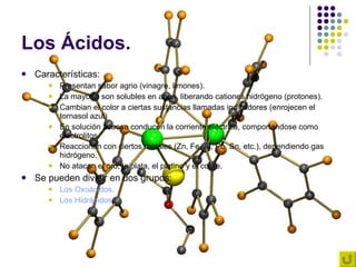Los Ácidos. Características: Presentan sabor agrio (vinagre, limones). La mayoría son solubles en agua, liberando cationes hidrógeno (protones). Cambian el color a ciertas sustancias llamadas indicadores (enrojecen el tornasol azul) En solución acuosa conducen la corriente eléctrica, comportándose como electrolitos. Reaccionan con ciertos metales (Zn, Fe, Al, Pb, Sn, etc.), dependiendo gas hidrógeno. No atacan el oro, la plata, el platino y el cobre. Se pueden dividir en dos grupos: Los  Oxoácidos . Los Hidrácidos . 