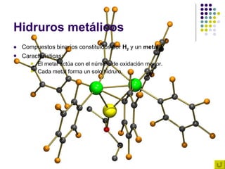 Hidruros metálicos Compuestos binarios constituidos por  H 2  y un  metal . Características: El metal actúa con el número de oxidación menor. Cada metal forma un solo hidruro. 