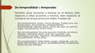 De temporalidad o temporales 
Permiten situar acciones o hechos en el tiempo, bien 
respecto a otras acciones o hechos, bien respecto al 
momento en el que el locutor habla. Pueden ser 
 De anterioridad: Antes, hace tiempo, había una vez, 
al principio, al comienzo, anteriormente, 
previamente, tiempo atrás, antes de que, en primer 
lugar, inicialmente, entre otras 
 De simultaneidad: En este preciso instante, al mismo 
tiempo, mientras tanto, a la vez, cuando, fue 
entonces cuando, mientras, simultáneamente, 
actualmente, entre otras. 
 De posterioridad: Más tarde, luego, después, con el 
paso del tiempo, al día X, posteriormente, finalmente, 
hace mucho tiempo. 
