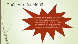 Cuál es su función? 
Cuando se redacta un texto, 
es necesario establecer 
relaciones lógicas que unen 
las distintas ideas para una 
correcta interpretación 
 