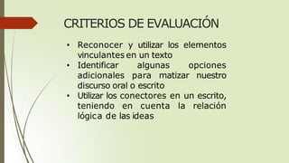 CRITERIOS DE EVALUACIÓN
• Reconocer y utilizar los elementos
vinculantes en un texto
• Identificar algunas opciones
adicionales para matizar nuestro
discurso oral o escrito
• Utilizar los conectores en un escrito,
teniendo en cuenta la relación
lógica de las ideas
 