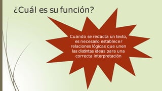 Cuando se redacta un texto,
es necesario establecer
relaciones lógicas que unen
las distintas ideas para una
correcta interpretación
¿Cuál es su función?
 