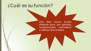 Una idea nueva puede
añadirse para, por ejemplo,
complementar, contradecir
o reforzar otra anterior.
¿Cuál es su función?
 
