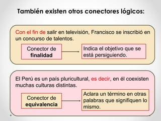 También existen otros conectores lógicos: Con el fin de  salir en televisión, Francisco se inscribió en un concurso de talentos. El Perú es un país pluricultural,  es decir , en él coexisten muchas culturas distintas. Indica el objetivo que se está persiguiendo. Aclara un término en otras palabras que signifiquen lo mismo. Conector de  equivalencia Conector de  finalidad 