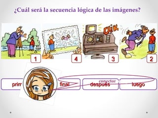 ¿Cuál será la secuencia lógica de las imágenes?  1 2 4 3 primero luego al final después Menciona el  conector  apropiado. 