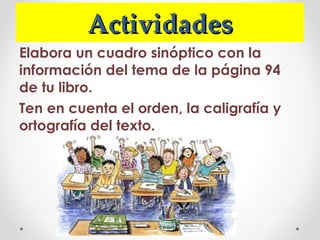 Actividades Elabora un cuadro sinóptico con la información del tema de la página 94 de tu libro. Ten en cuenta el orden, la caligrafía y ortografía del texto. 