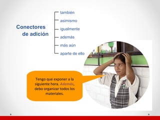 Conectores   de adición también asimismo igualmente además más aún aparte de ello Tengo que exponer a la siguiente hora.  Además , debo organizar todos los materiales. 