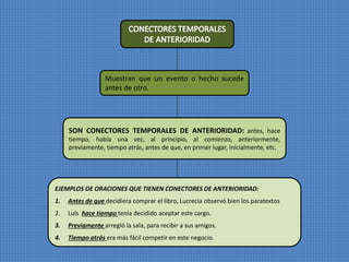 Muestran que un evento o hecho sucede 
antes de otro. 
SON CONECTORES TEMPORALES DE ANTERIORIDAD: antes, hace 
tiempo, había una vez, al principio, al comienzo, anteriormente, 
previamente, tiempo atrás, antes de que, en primer lugar, inicialmente, etc. 
EJEMPLOS DE ORACIONES QUE TIENEN CONECTORES DE ANTERIORIDAD: 
1. Antes de que decidiera comprar el libro, Lucrecia observó bien los paratextos 
2. Luis hace tiempo tenía decidido aceptar este cargo. 
3. Previamente arregló la sala, para recibir a sus amigos. 
4. Tiempo atrás era más fácil competir en este negocio. 
 