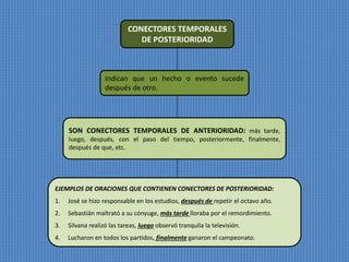 CONECTORES TEMPORALES 
DE POSTERIORIDAD 
Indican que un hecho o evento sucede 
después de otro. 
SON CONECTORES TEMPORALES DE ANTERIORIDAD: más tarde, 
luego, después, con el paso del tiempo, posteriormente, finalmente, 
después de que, etc. 
EJEMPLOS DE ORACIONES QUE CONTIENEN CONECTORES DE POSTERIORIDAD: 
1. José se hizo responsable en los estudios, después de repetir el octavo año. 
2. Sebastián maltrató a su cónyuge, más tarde lloraba por el remordimiento. 
3. Silvana realizó las tareas, luego observó tranquila la televisión. 
4. Lucharon en todos los partidos, finalmente ganaron el campeonato. 
 