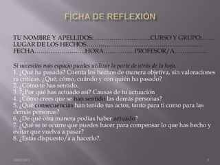 TU NOMBRE Y APELLIDOS: ………………………CURSO Y GRUPO:……
LUGAR DE LOS HECHOS…………………………………………………
FECHA…………………….HORA……………PROFESOR/A…………….

Si necesitas más espacio puedes utilizar la parte de atrás de la hoja.
1. ¿Qué ha pasado? Cuenta los hechos de manera objetiva, sin valoraciones
ni críticas. ¿Qué, cómo, cuándo y con quién ha pasado?
2. ¿Cómo te has sentido.
3. ?¿Por qué has actuado así? Causas de tu actuación
4. ¿Cómo crees que se han sentido las demás personas?
5. ¿Qué consecuencias han tenido tus actos, tanto para ti como para las
demás personas?
6. ¿De qué otra manera podías haber actuado?
7. ¿Qué se te ocurre que puedes hacer para compensar lo que has hecho y
evitar que vuelva a pasar?
8. ¿Estás dispuesto/a a hacerlo?.


20/02/2013                                                            5
 