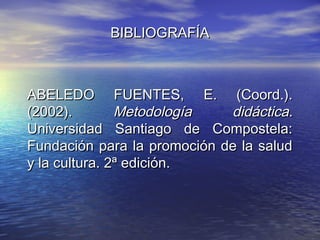 BIBLIOGRAFÍABIBLIOGRAFÍA
ABELEDO FUENTES, E. (Coord.).ABELEDO FUENTES, E. (Coord.).
(2002).(2002). Metodología didácticaMetodología didáctica..
Universidad Santiago de Compostela:Universidad Santiago de Compostela:
Fundación para la promoción de la saludFundación para la promoción de la salud
y la cultura. 2ª edición.y la cultura. 2ª edición.
 