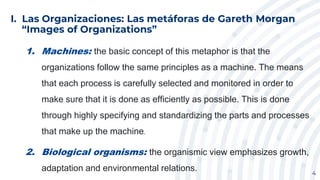 I. Las Organizaciones: Las metáforas de Gareth Morgan
“Images of Organizations”
1. Machines: the basic concept of this metaphor is that the
organizations follow the same principles as a machine. The means
that each process is carefully selected and monitored in order to
make sure that it is done as efficiently as possible. This is done
through highly specifying and standardizing the parts and processes
that make up the machine.
2. Biological organisms: the organismic view emphasizes growth,
adaptation and environmental relations. 4
 