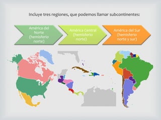 Incluye tres regiones, que podemos llamar subcontinentes:
América del
Norte
(hemisferio
norte)
América Central
(hemisferio
norte)
América del Sur
(hemisferio
norte y sur)
 
