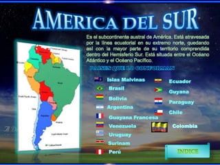 Es el subcontinente austral de América. Está atravesada
por la línea ecuatorial en su extremo norte, quedando
así con la mayor parte de su territorio comprendida
dentro del Hemisferio Sur. Está situada entre el Océano
Atlántico y el Océano Pacífico.

Islas Malvinas
Brasil
Bolivia
Argentina
Guayana Francesa
Venezuela
Uruguay
Surinam
Perú

Ecuador
Guyana
Paraguay
Chile
Colombia

 