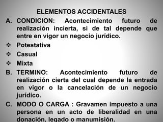 ELEMENTOS ACCIDENTALES
A. CONDICION: Acontecimiento futuro de
realización incierta, si de tal depende que
entre en vigor un negocio jurídico.
 Potestativa
 Casual
 Mixta
B. TERMINO: Acontecimiento futuro de
realización cierta del cual depende la entrada
en vigor o la cancelación de un negocio
jurídico.
C. MODO O CARGA : Gravamen impuesto a una
persona en un acto de liberalidad en una
donación, legado o manumisión.
 