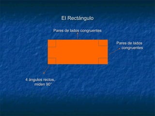 El Rectángulo Pares de lados congruentes Pares de lados congruentes 4 ángulos rectos, miden 90° 