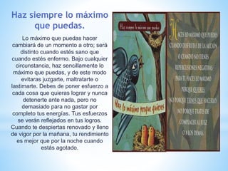 Haz siempre lo máximo
que puedas.
Lo máximo que puedas hacer
cambiará de un momento a otro; será
distinto cuando estés sano que
cuando estés enfermo. Bajo cualquier
circunstancia, haz sencillamente lo
máximo que puedas, y de este modo
evitaras juzgarte, maltratarte o
lastimarte. Debes de poner esfuerzo a
cada cosa que quieras lograr y nunca
detenerte ante nada, pero no
demasiado para no gastar por
completo tus energías. Tus esfuerzos
se verán reflejados en tus logros.
Cuando te despiertas renovado y lleno
de vigor por la mañana, tu rendimiento
es mejor que por la noche cuando
estás agotado.
 