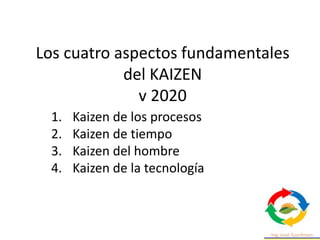 Los cuatro aspectos fundamentales
del KAIZEN
v 2020
1. Kaizen de los procesos
2. Kaizen de tiempo
3. Kaizen del hombre
4. Kaizen de la tecnología
 
