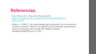 Referencias.
• Cinco Pilares De La Educación. Recuperado De
Http://Es.Scribd.Com/Doc/110866662/CINCO-PILARES-DE-LA-
EDUCACION.
• Delors, J. (1996.): “Los cuatro pilares de la educación” en La
educación encierra un tesoro. Informe a la UNESCO de la Comisión
internacional sobre la educación para el siglo XXI, Madrid, España:
Santillana/UNESCO. pp. 91-103.
 