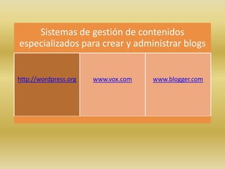 Sistemas de gestión de contenidos
especializados para crear y administrar blogs


http://wordpress.org   www.vox.com   www.blogger.com
 