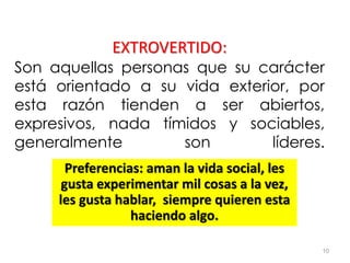 Preferencias: aman la vida social, les
gusta experimentar mil cosas a la vez,
les gusta hablar, siempre quieren esta
haciendo algo.
10
EXTROVERTIDO:
Son aquellas personas que su carácter
está orientado a su vida exterior, por
esta razón tienden a ser abiertos,
expresivos, nada tímidos y sociables,
generalmente son líderes.
 