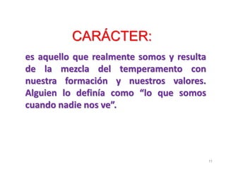 CARÁCTER:
es aquello que realmente somos y resulta
de la mezcla del temperamento con
nuestra formación y nuestros valores.
Alguien lo definía como “lo que somos
cuando nadie nos ve”.
11
 