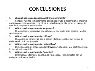 CONCLUSIONES
• 1. ¿En qué nos ayuda conocer nuestro temperamento?
• Conocer nuestro temperamento básico nos ayuda a desarrollar al máximo
nuestro potencial, conocer el de otros, a tratarlos mejor y llevarles un evangelio
que llene sus propias necesidades.
• 2. ¿Cómo es el temperamento sanguíneo?
• El sanguíneo, es receptivo por naturaleza, orientado a las personas y a los
sentimientos.
• 3. ¿Cómo es el temperamento colérico?
• El colérico, se caracteriza por la acción y la firmeza sobre sus metas. Se
enfoca en lo práctico y rápido.
• 4. ¿Cómo es el temperamento melancólico?
• El melancólico, es propenso a la introversión, al análisis y al perfeccionismo.
Es emocional y sensible.
• 5. ¿Cómo es el temperamento flemático?
• El flemático, altamente equilibrado y ordenado. Fácil de tratar, con un
enfoque positivo de la vida.
113
 