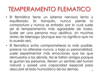TEMPERAMENTO FLEMATICO
• El flemático tiene un sistema nervioso lento y
equilibrado. Es tranquilo, nunca pierde la
compostura y nunca se enfada; por lo cual suele
ser el temperamento más agradable de todos.
Suele ser una persona muy apática, sin muchas
dotes de liderazgo (áunque eso no significa que no
lo pueda ser).
• El flemático evita comprometerse lo más posible,
parece no alterarse nunca, y bajo su personalidad,
suele experimentar más emociones que las que
demuestra a los demás. No le faltan amigos porque
le gustan las personas, tienen un sentido del humor
natural y poseé una capacidad especial para
descubrir el lado humorístico de los demás. 20
 