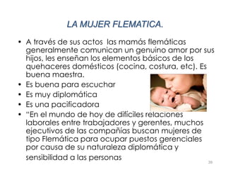 39
LA MUJER FLEMATICA.
• A través de sus actos las mamás flemáticas
generalmente comunican un genuino amor por sus
hijos, les enseñan los elementos básicos de los
quehaceres domésticos (cocina, costura, etc). Es
buena maestra.
• Es buena para escuchar
• Es muy diplomática
• Es una pacificadora
• “En el mundo de hoy de difíciles relaciones
laborales entre trabajadores y gerentes, muchos
ejecutivos de las compañías buscan mujeres de
tipo Flemática para ocupar puestos gerenciales
por causa de su naturaleza diplomática y
sensibilidad a las personas
 