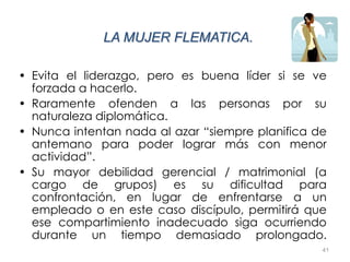 41
LA MUJER FLEMATICA.
• Evita el liderazgo, pero es buena líder si se ve
forzada a hacerlo.
• Raramente ofenden a las personas por su
naturaleza diplomática.
• Nunca intentan nada al azar “siempre planifica de
antemano para poder lograr más con menor
actividad”.
• Su mayor debilidad gerencial / matrimonial (a
cargo de grupos) es su dificultad para
confrontación, en lugar de enfrentarse a un
empleado o en este caso discípulo, permitirá que
ese compartimiento inadecuado siga ocurriendo
durante un tiempo demasiado prolongado.
 