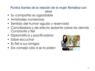 46
Puntos fuertes de la relación de la mujer flemática con
otros
• Su compañía es agradable
• Amistades numerosas
• Sentido del humor agudo y reservado
• Conciliadora y de efecto sedante sobre los demás
Constante y fiel
• Diplomática y pacificadora
• Sabe escuchar
• Es fiel a sus amigos
• Da consejo sólo si se lo piden
 