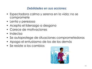 49
Debilidades en sus acciones:
• Espectadora calma y serena en la vida; no se
compromete
• Lenta y perezosa
• Acepta el liderazgo a desgano
• Carece de motivaciones
• Indecisa
• Se autoprotege de situaciones comprometedoras
• Apaga el entusiasmo de los de los demás
• Se resiste a los cambios
 