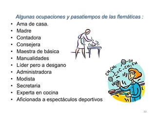 50
Algunas ocupaciones y pasatiempos de las flemáticas :
• Ama de casa.
• Madre
• Contadora
• Consejera
• Maestra de básica
• Manualidades
• Líder pero a desgano
• Administradora
• Modista
• Secretaria
• Experta en cocina
• Aficionada a espectáculos deportivos
 