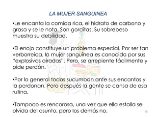 70
LA MUJER SANGUINEA
•Le encanta la comida rica, el hidrato de carbono y
grasa y se le nota. Son gorditas. Su sobrepeso
muestra su debilidad.
•El enojo constituye un problema especial. Por ser tan
verborreica, la mujer sanguínea es conocida por sus
“explosivas airadas”. Pero, se arrepiente fácilmente y
pide perdón.
•Por lo general todos sucumban ante sus encantos y
la perdonan. Pero después la gente se cansa de esa
rutina.
•Tampoco es rencorosa, una vez que ella estalla se
olvida del asunto, pero los demás no.
 