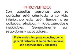 Preferencias: les gusta escuchar, por lo
general disfrutan el ambiente tranquilo,
son observadores y analíticos.
9
INTROVERTIDO:
Son aquellas personas que su
carácter está orientado a su vida
interior, por esta razón, tienden a ser
callados, retraídos, tímidos, cerrados e
insociables. Generalmente son
seguidores y apoyadores.
 