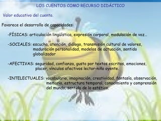 LOS CUENTOS COMO RECURSO DIDÁCTICO Valor educativo del cuento. Favorece el desarrollo de capacidades: -FÍSICAS: articulación lingüística, expresión corporal, modulación de voz… -SOCIALES: escucha, atención, diálogo, transmisión cultural de valores,  maduración personalidad, modelos de actuación, sentido  globalizador -AFECTIVAS: seguridad, confianza, gusto por textos escritos, emociones,  placer, vínculos afectivos lector-niño oyente. -INTELECTUALES: vocabulario, imaginación, creatividad, fantasía, observación,  memoria, estructura temporal, conocimiento y comprensión  del mundo, sentido de lo estético. 